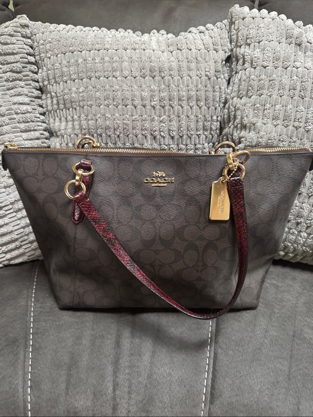 Coach Brown Signature Tote with Burgundy Strap and Gold Hardware